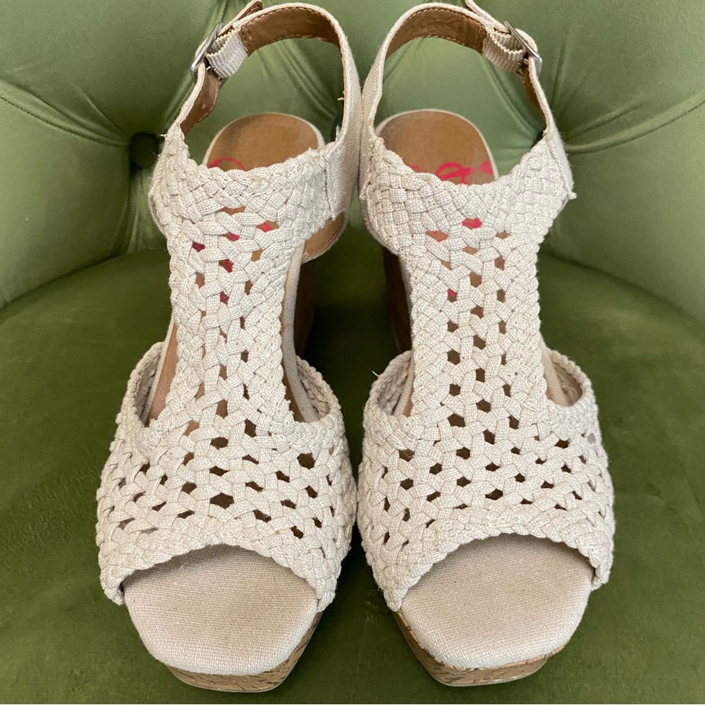 JELLYPOP Auden Comfort Fit Cork Wedge Sandals Beige Crochet Women’s Size 7.5 - Picture 2 of 9